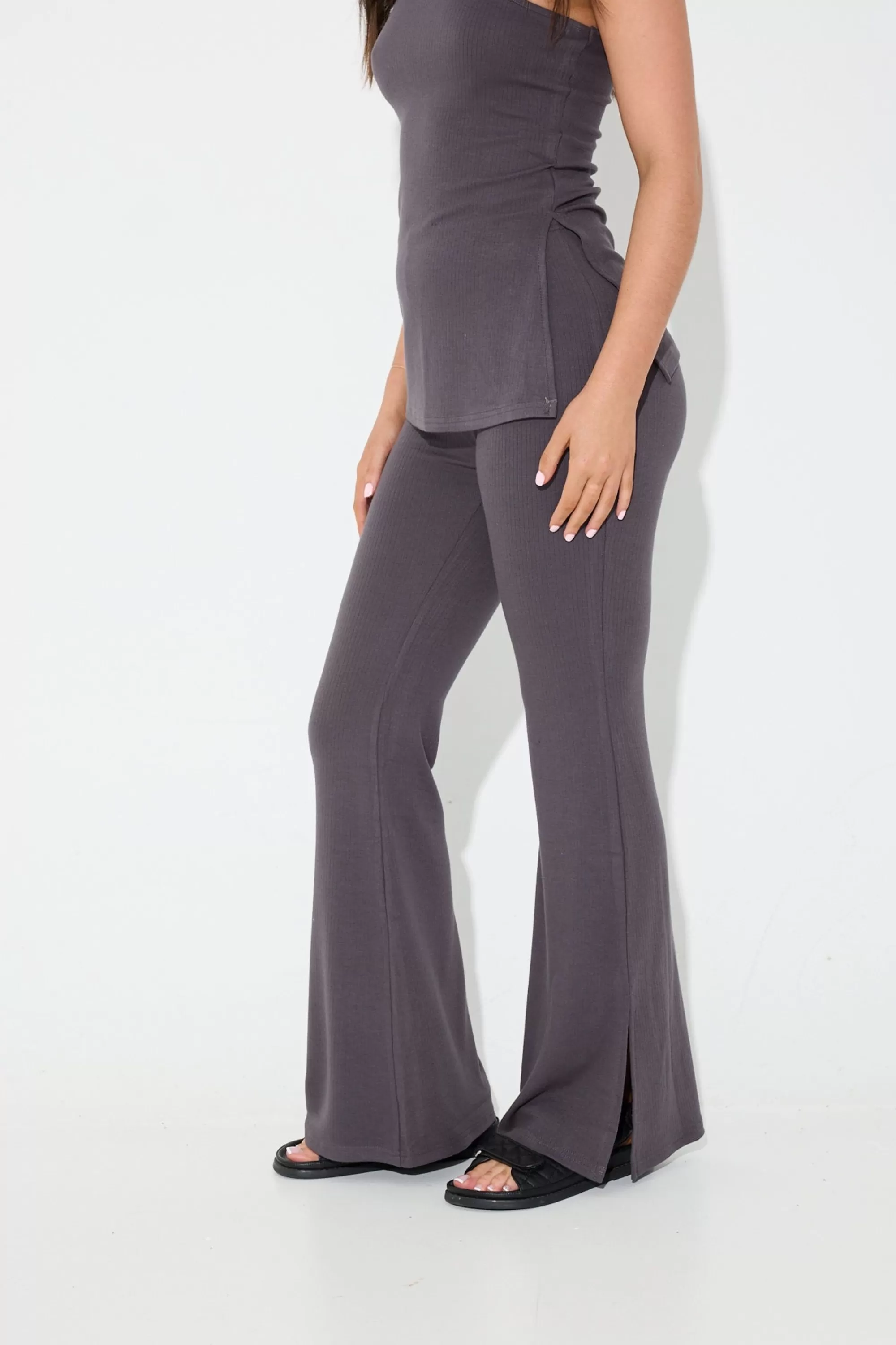 Sets>Into Fashion Boston Ribbed Flares Charcoal - Final Sale