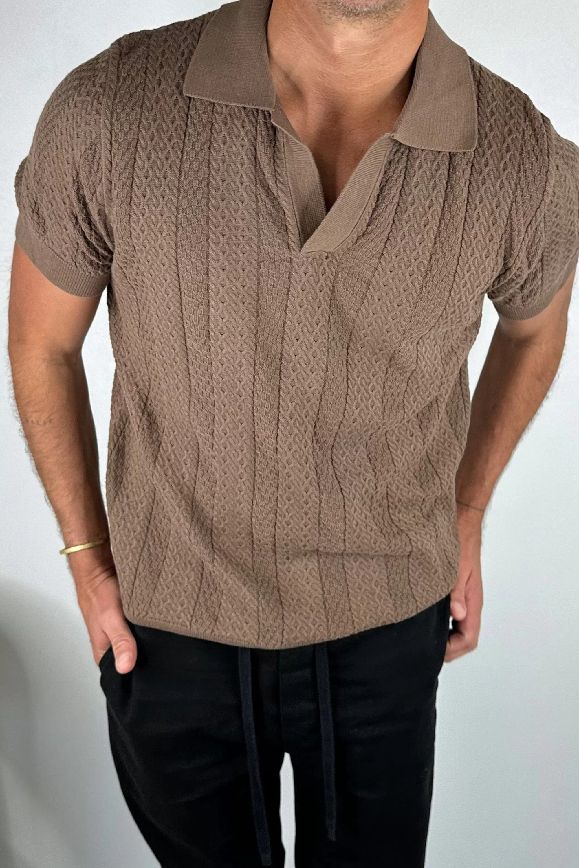 Shirts>Sampson and Taylor Joey Ribbed Detail Polo Choc - Final Sale