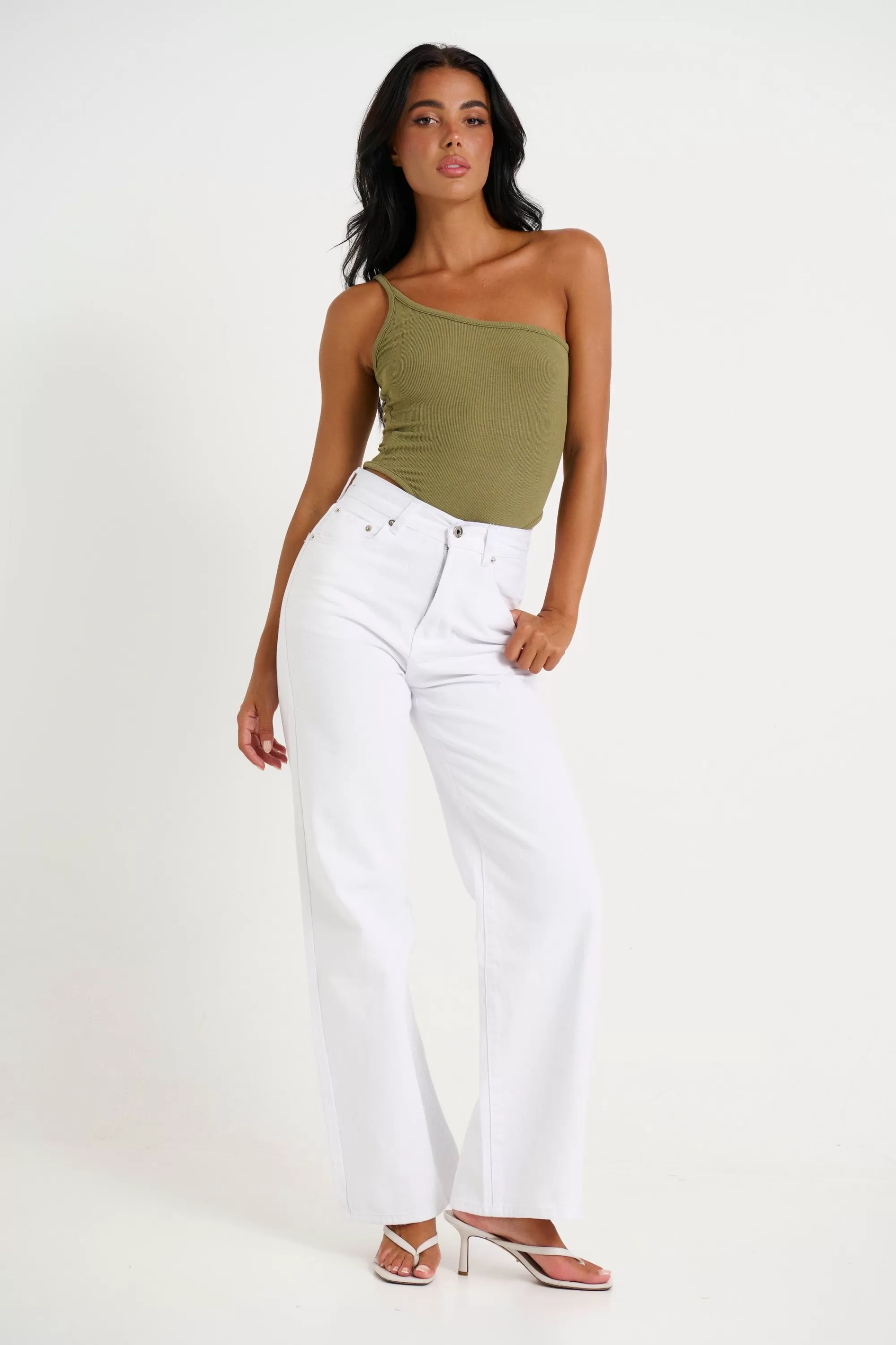 Bodysuits>8 Birdies Kiki One Shoulder Bodysuit Khaki - Final Sale