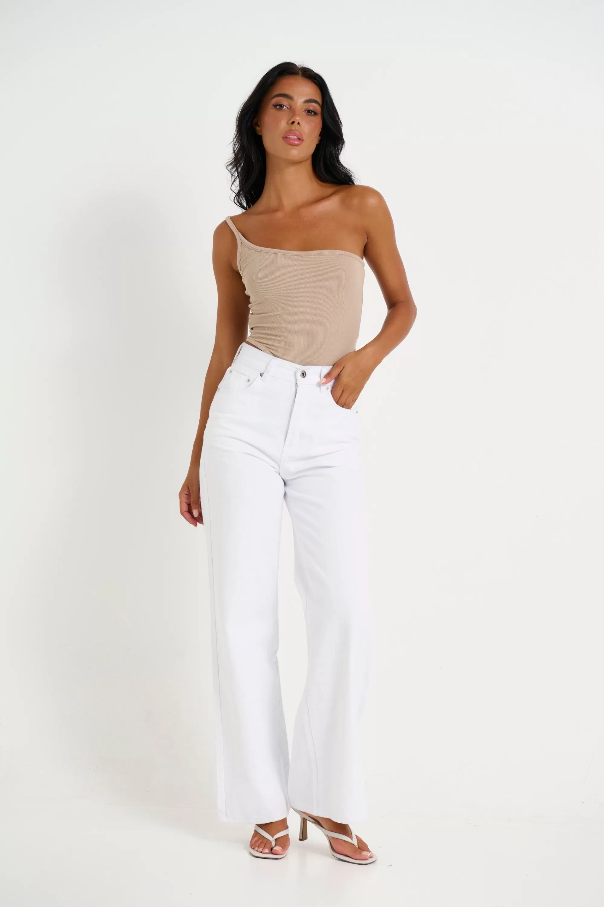 Bodysuits>8 Birdies Kiki One Shoulder Bodysuit Tan - Final Sale