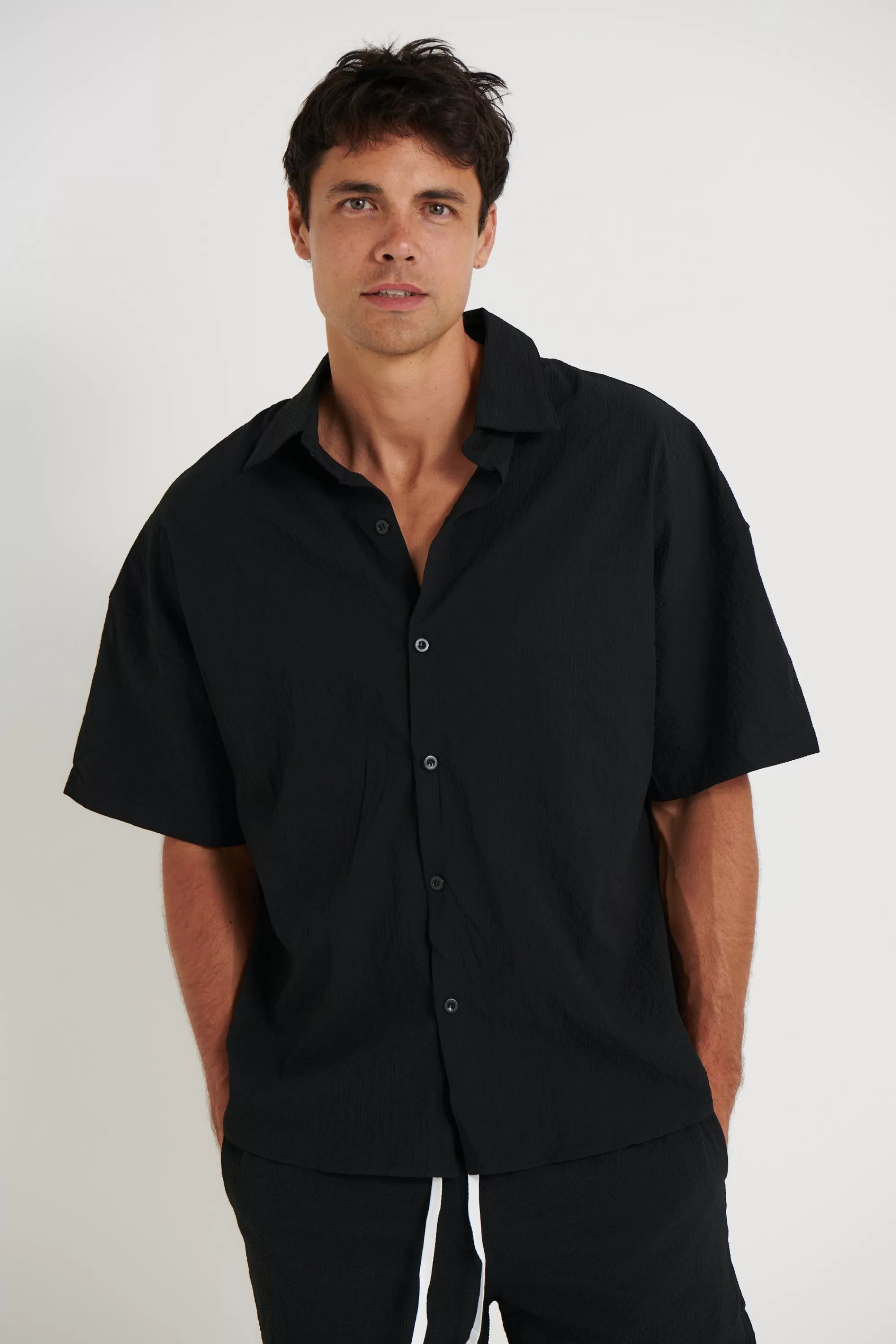 Shirts>Sampson and Taylor Larry Crinkle Texture Shirt Black - Final Sale