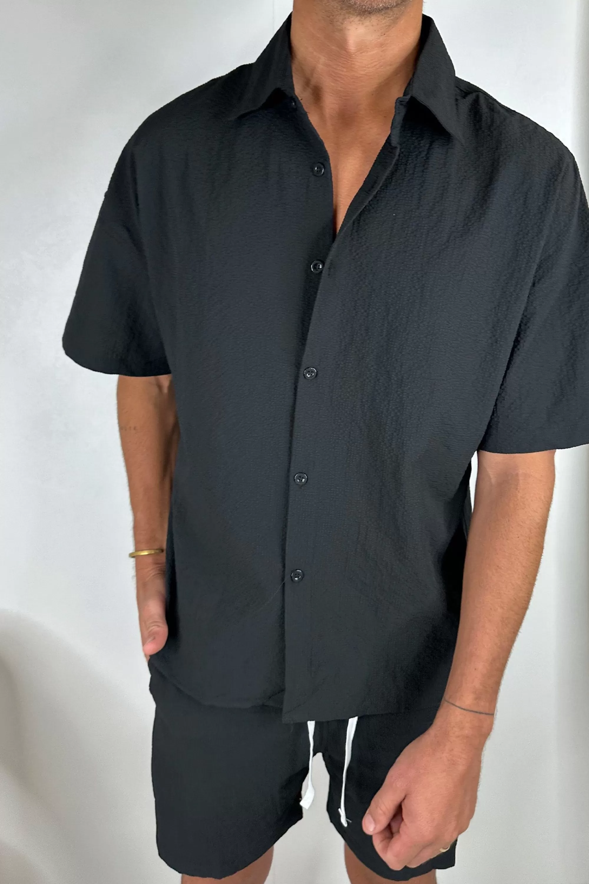 Shirts>Sampson and Taylor Larry Crinkle Texture Shirt Black - Final Sale