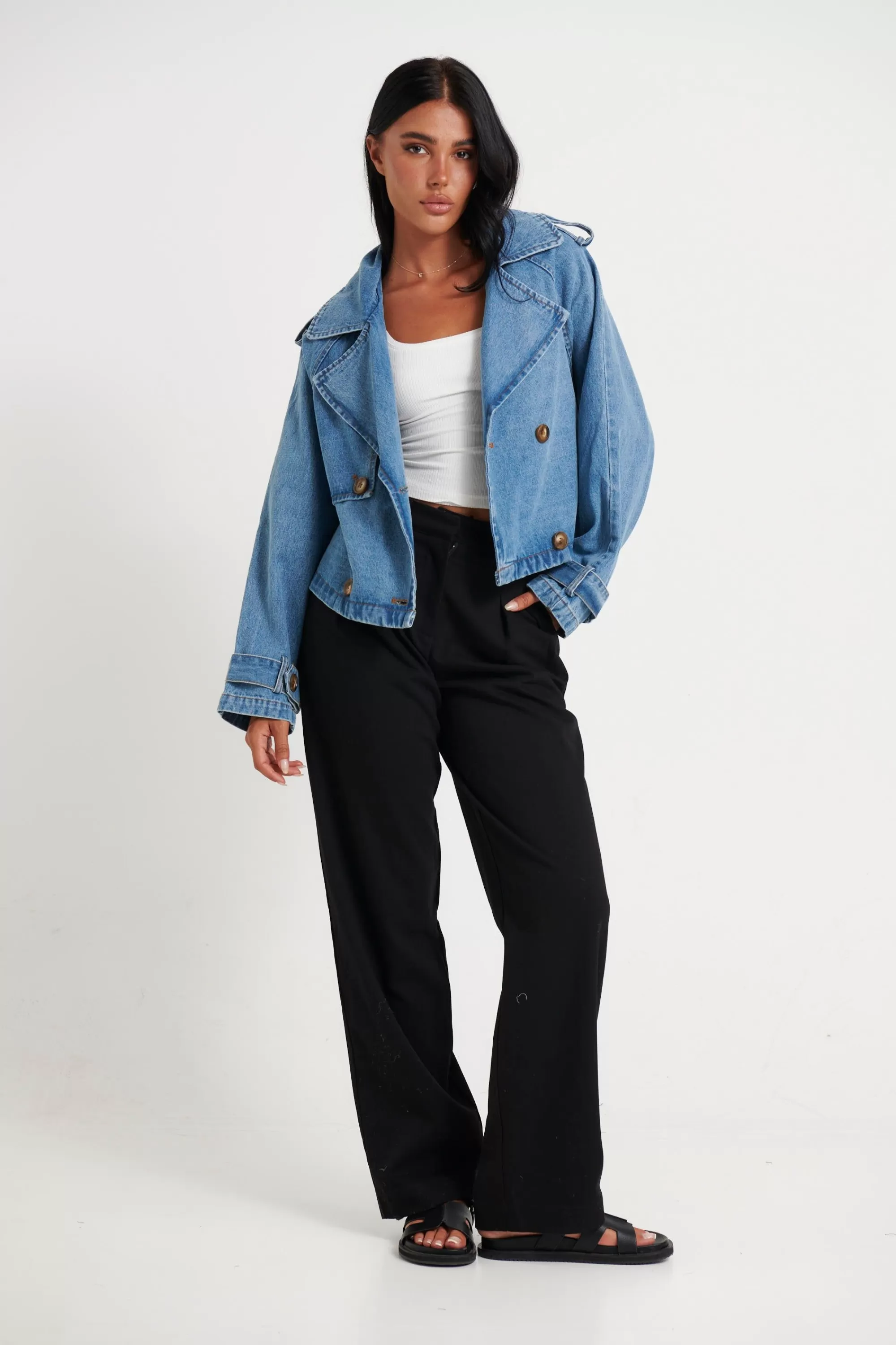 Jackets & Blazers>Pink Diamond Luella Cropped Denim Trench Blue