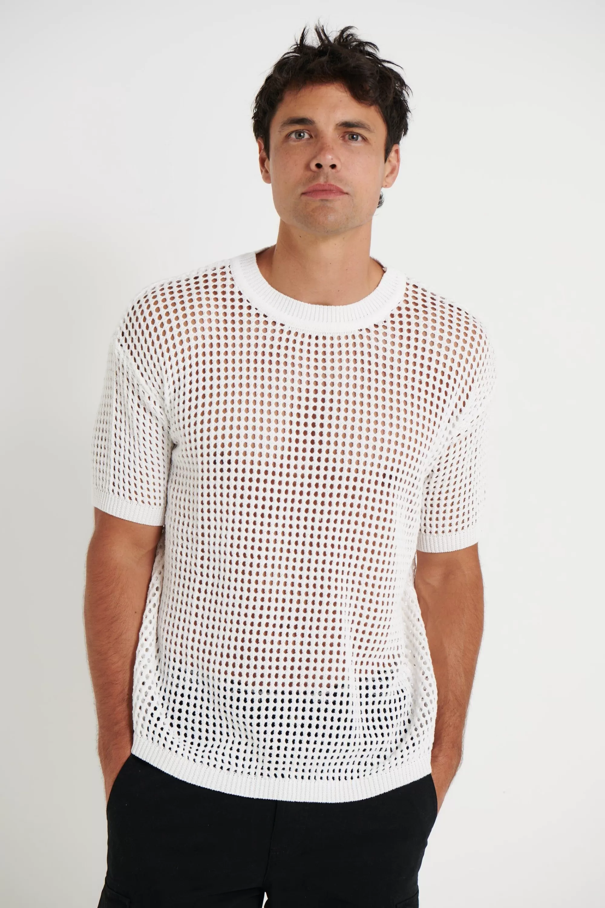 Tees>NTH Crochet Knit Drop Sleeve Tee White - Final Sale