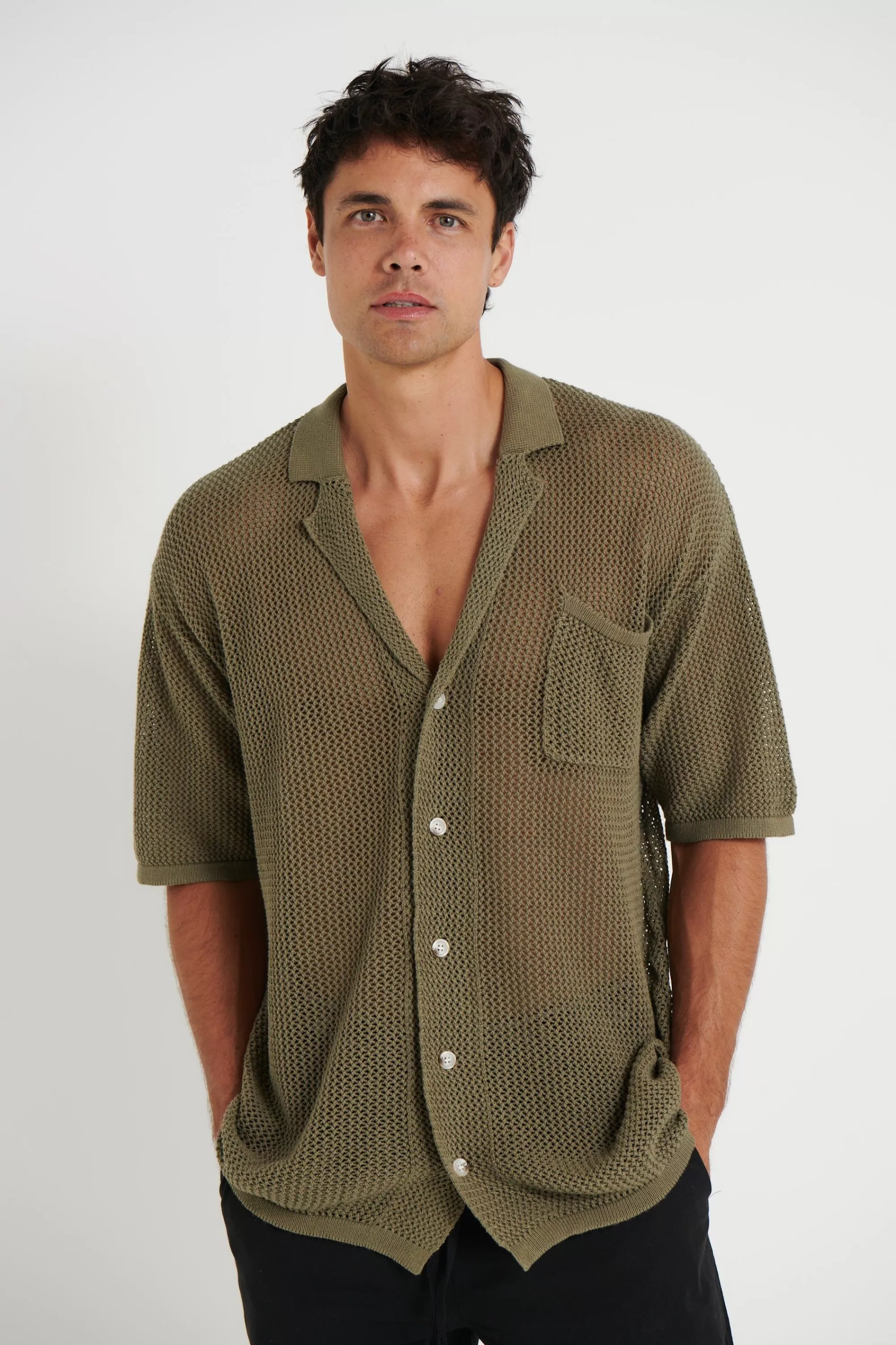 Shirts>NTH Crochet Knit Shirt Army - Final Sale