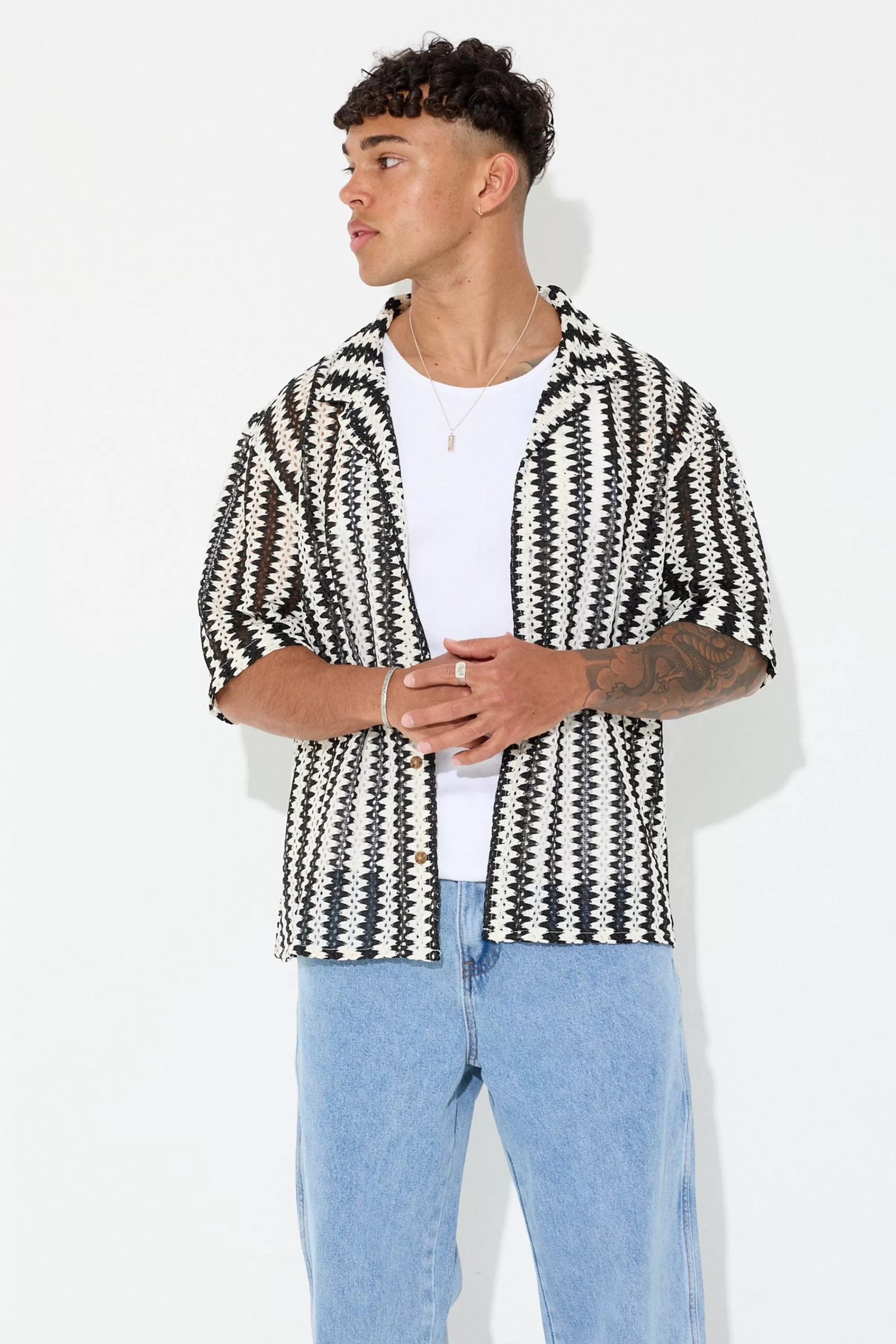 Shirts>NTH Crochet Knit Shirt Black/White