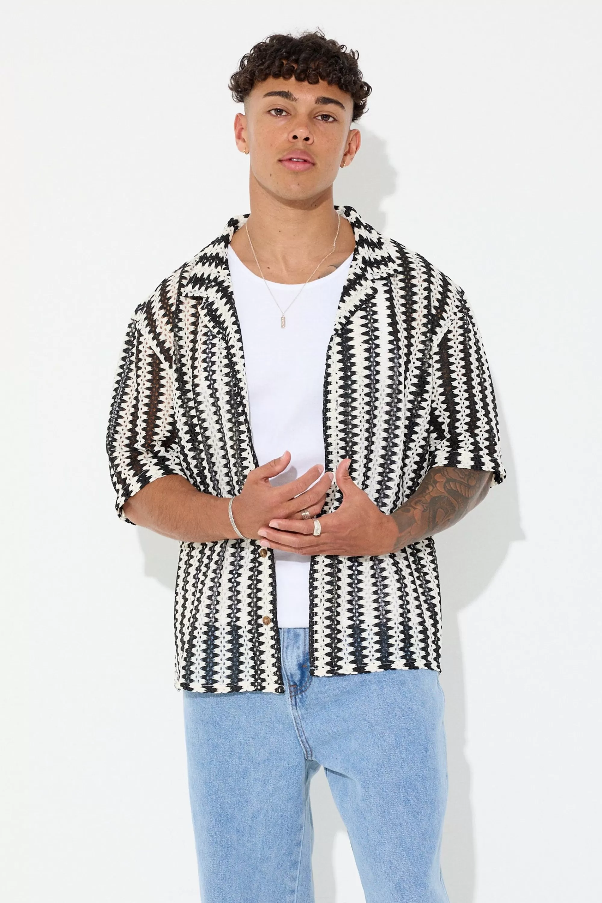 Shirts>NTH Crochet Knit Shirt Black/White