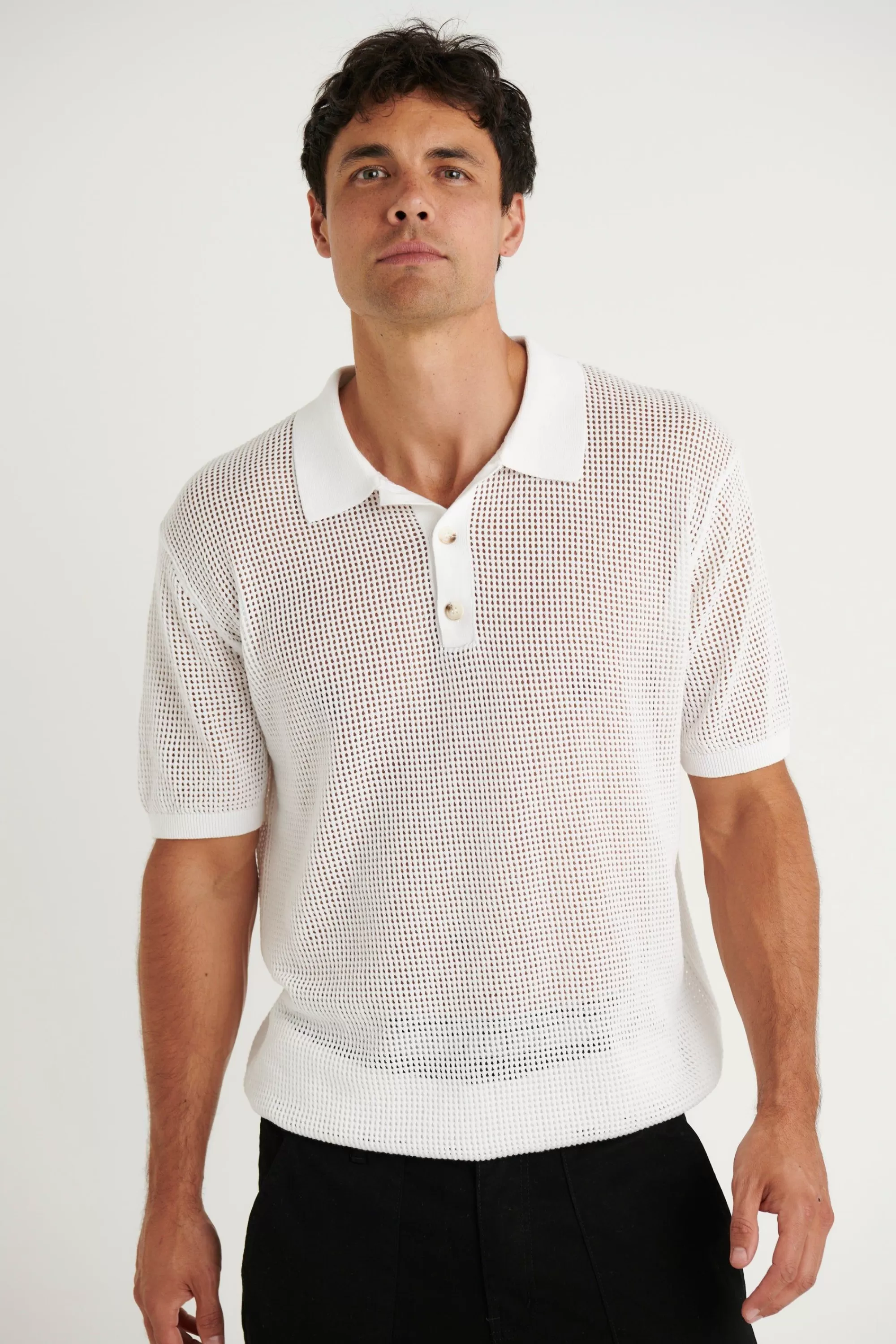 Shirts>Sampson and Taylor Nth Polo Crochet White - Final Sale