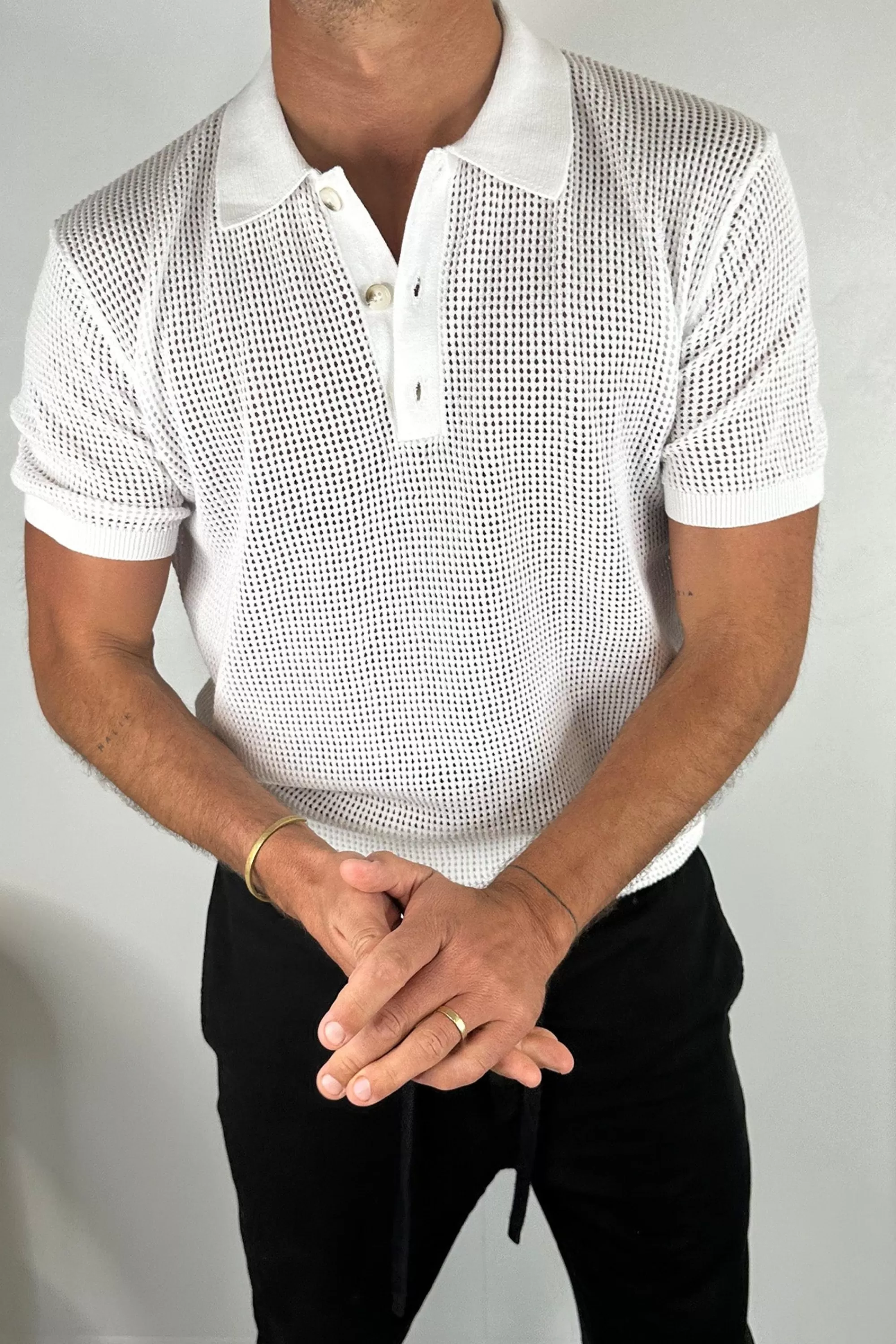 Shirts>Sampson and Taylor Nth Polo Crochet White - Final Sale