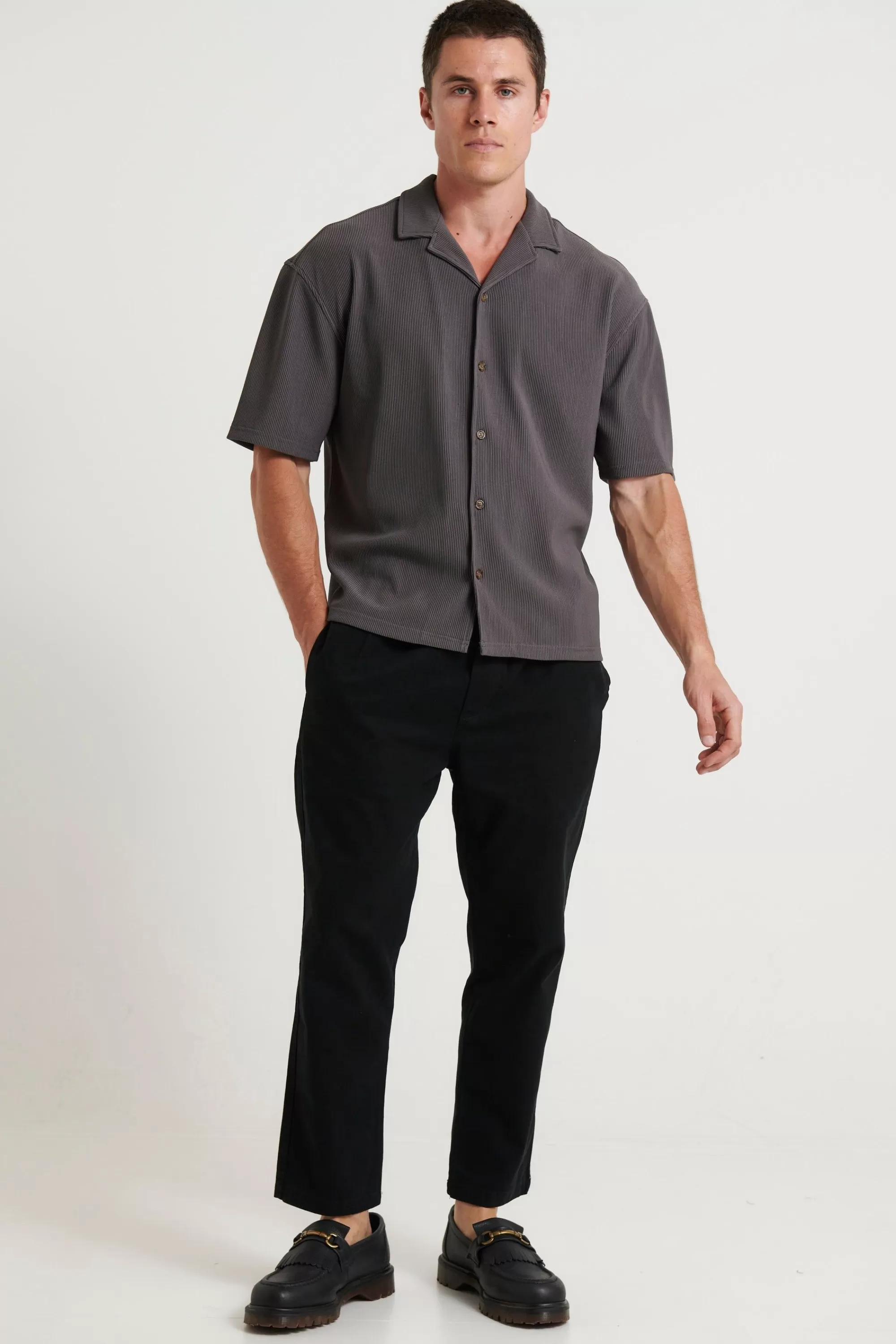 Shirts>Sampson and Taylor Raf Cropped Shirt Ribbed Dark Grey