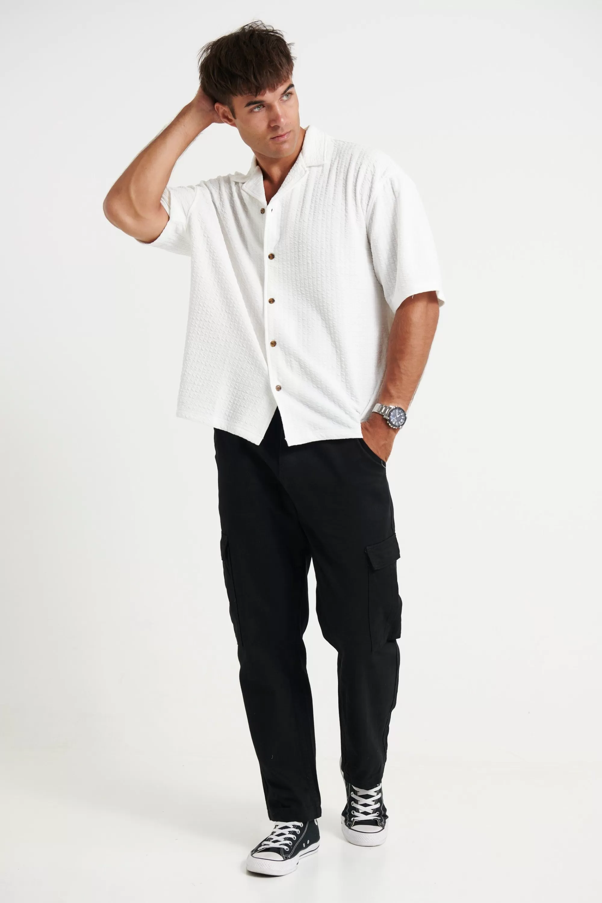 Shirts>Sampson and Taylor Raf Cropped Shirt Square Texture White