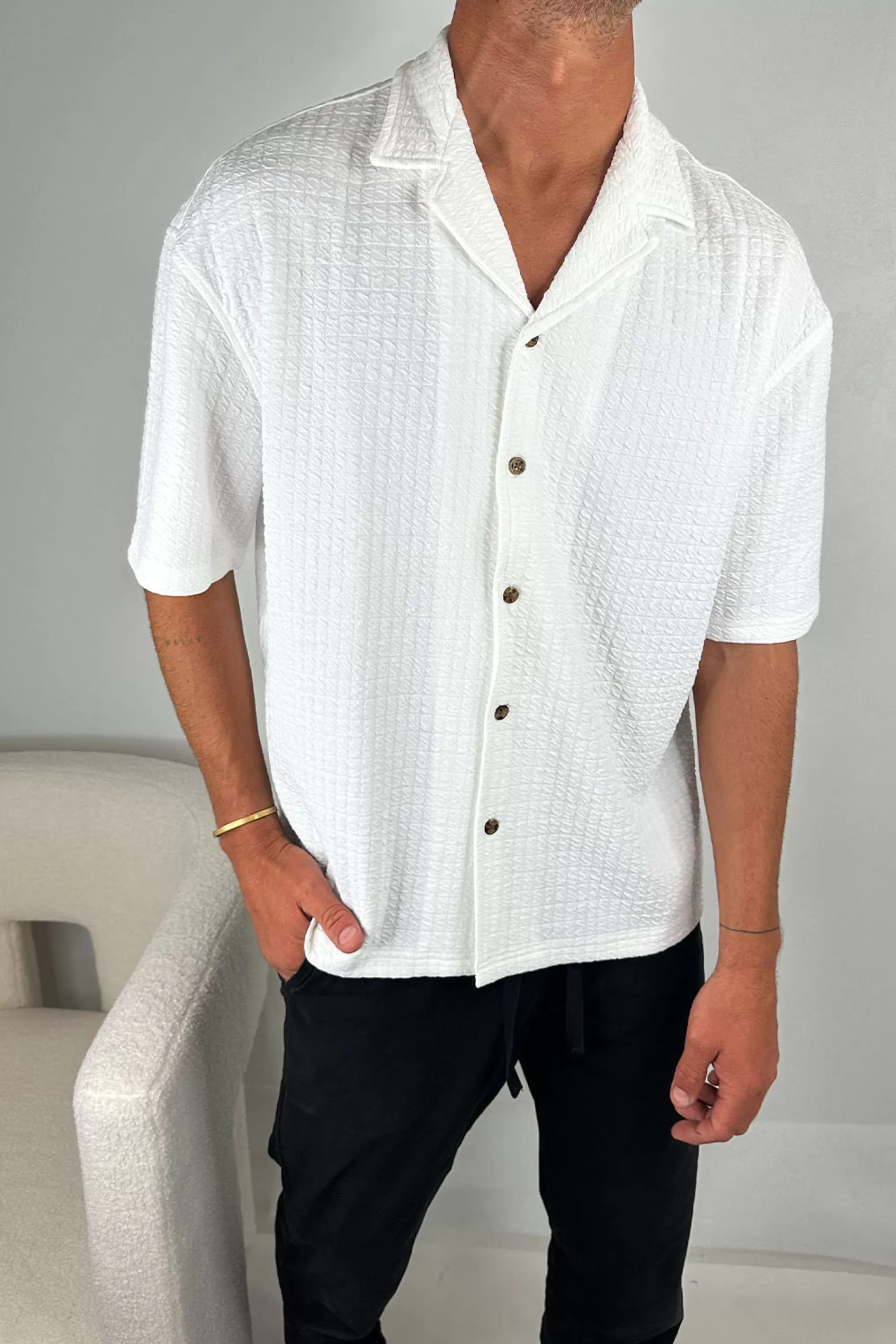 Shirts>Sampson and Taylor Raf Cropped Shirt Square Texture White