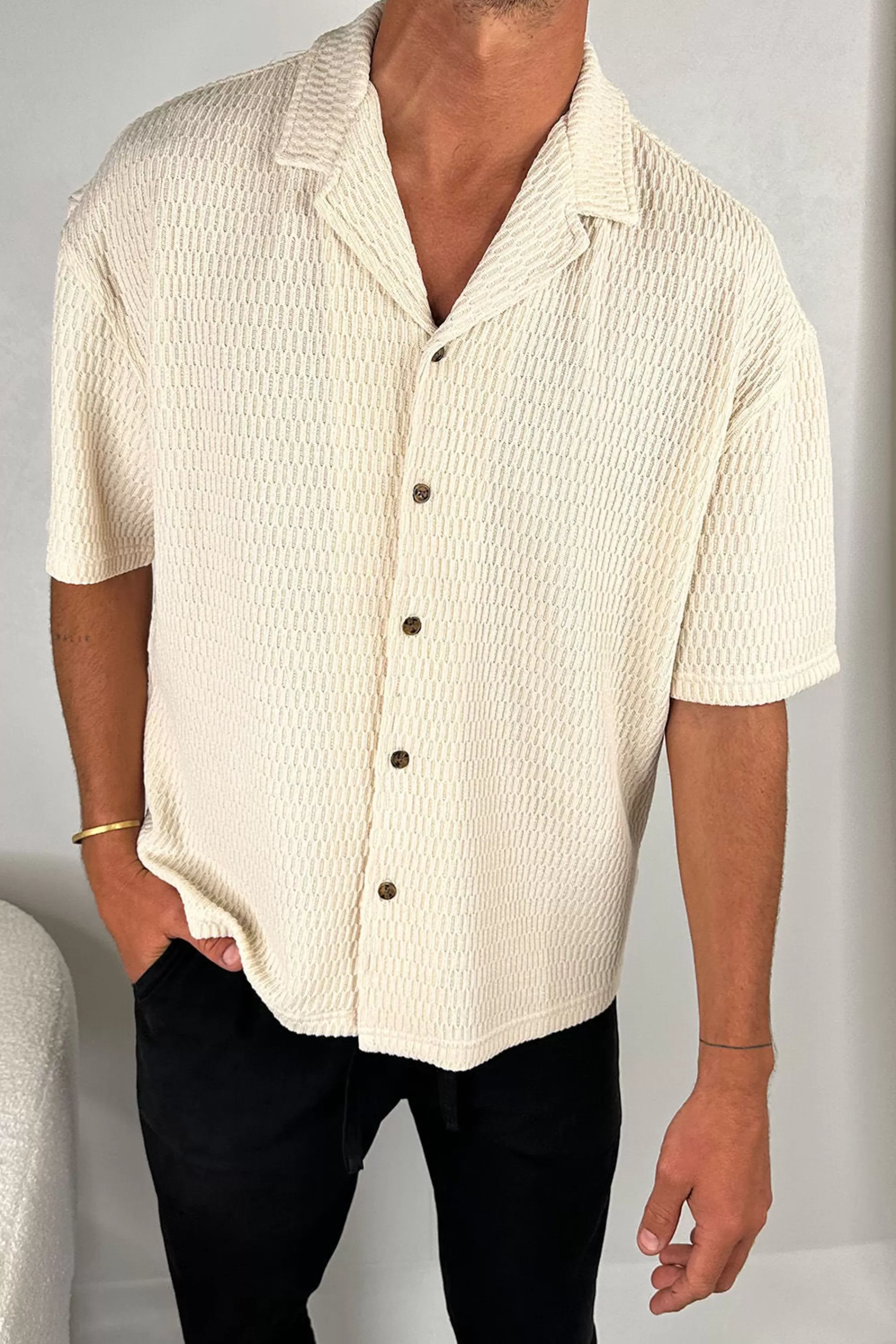 Shirts>Sampson and Taylor Raf Cropped Shirt Texture Ivory