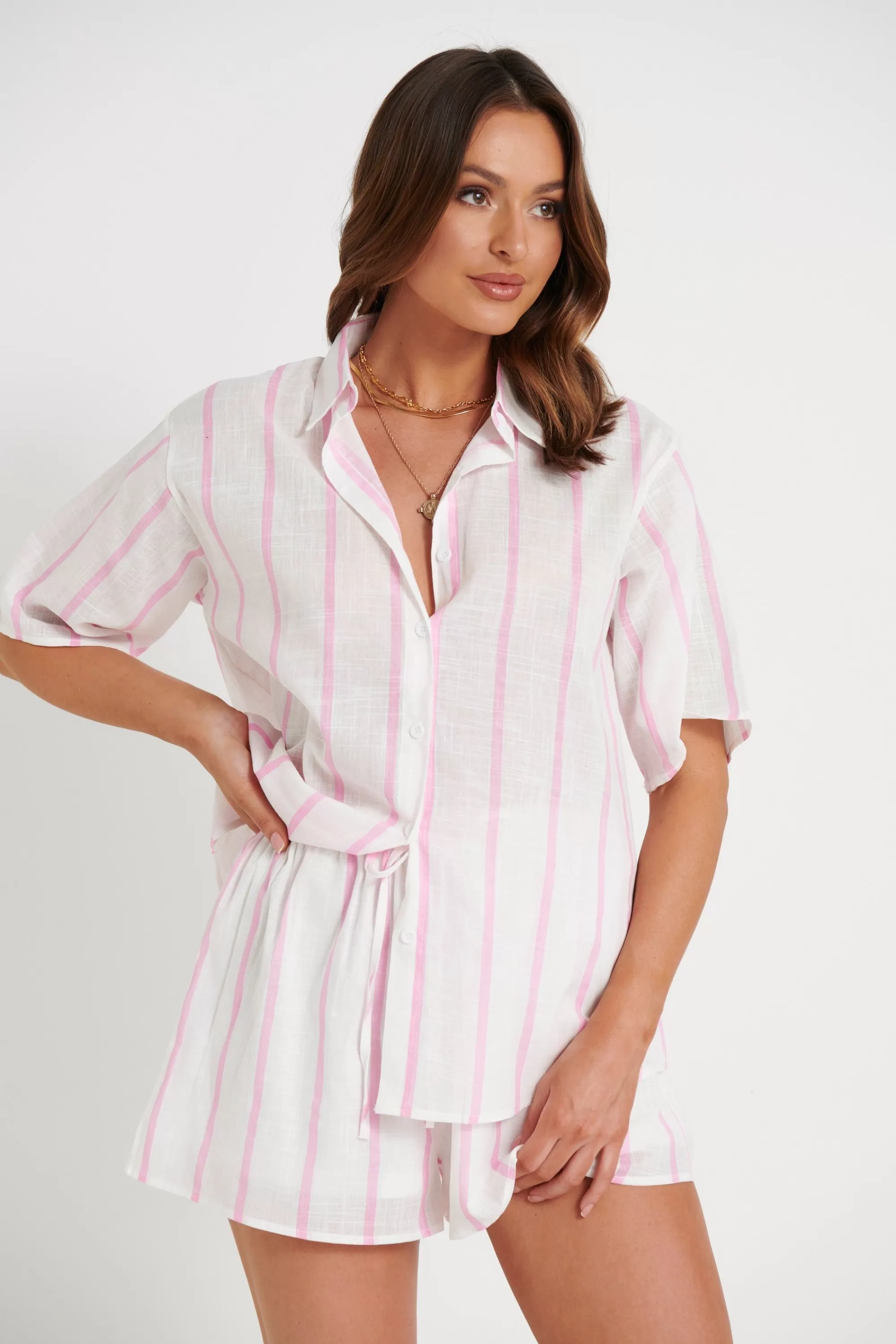 Sets>By Frankie Raffy Linen Set White/Pink - Final Sale