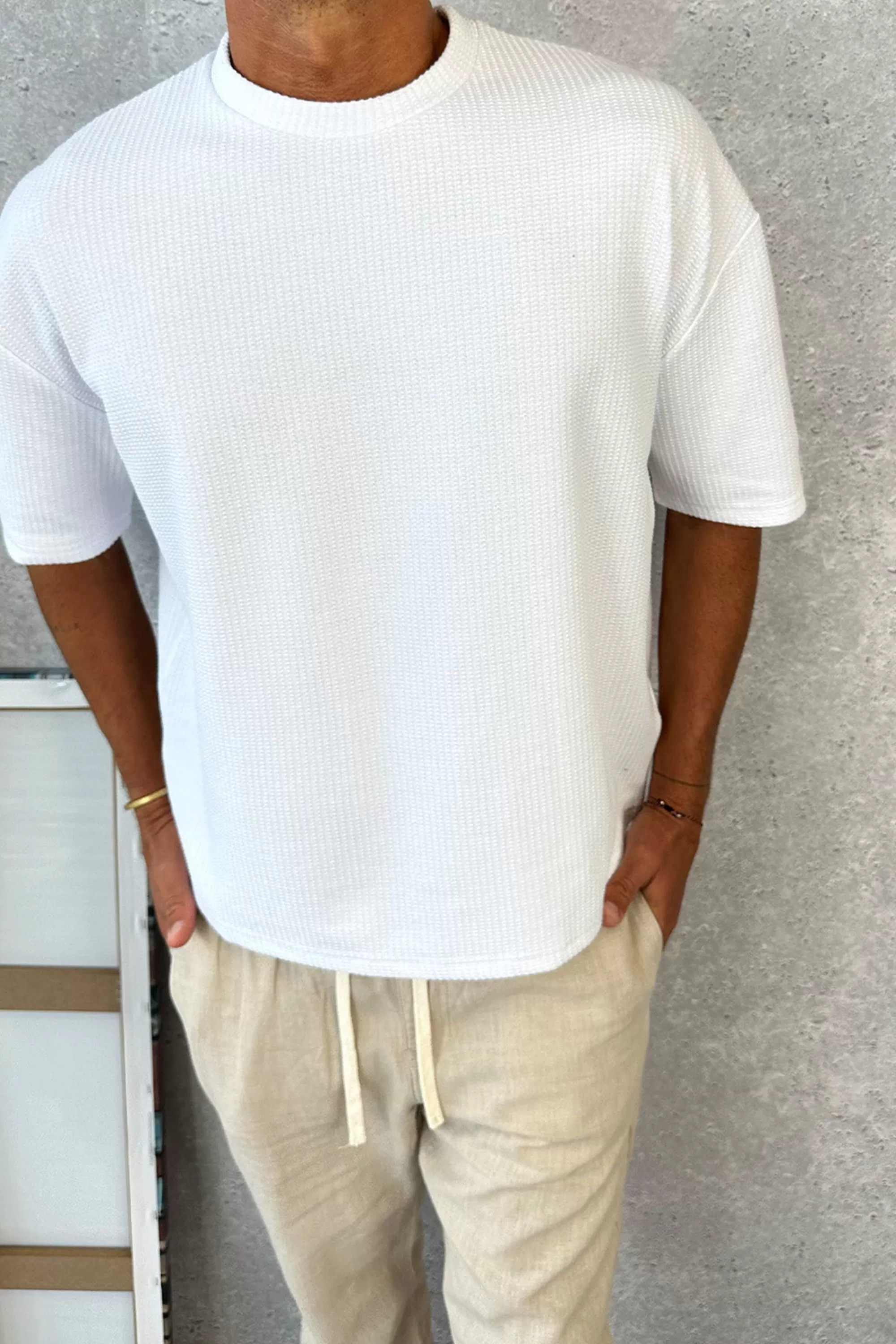 Tees>Sampson and Taylor Texture Drop Sleeve Tee White