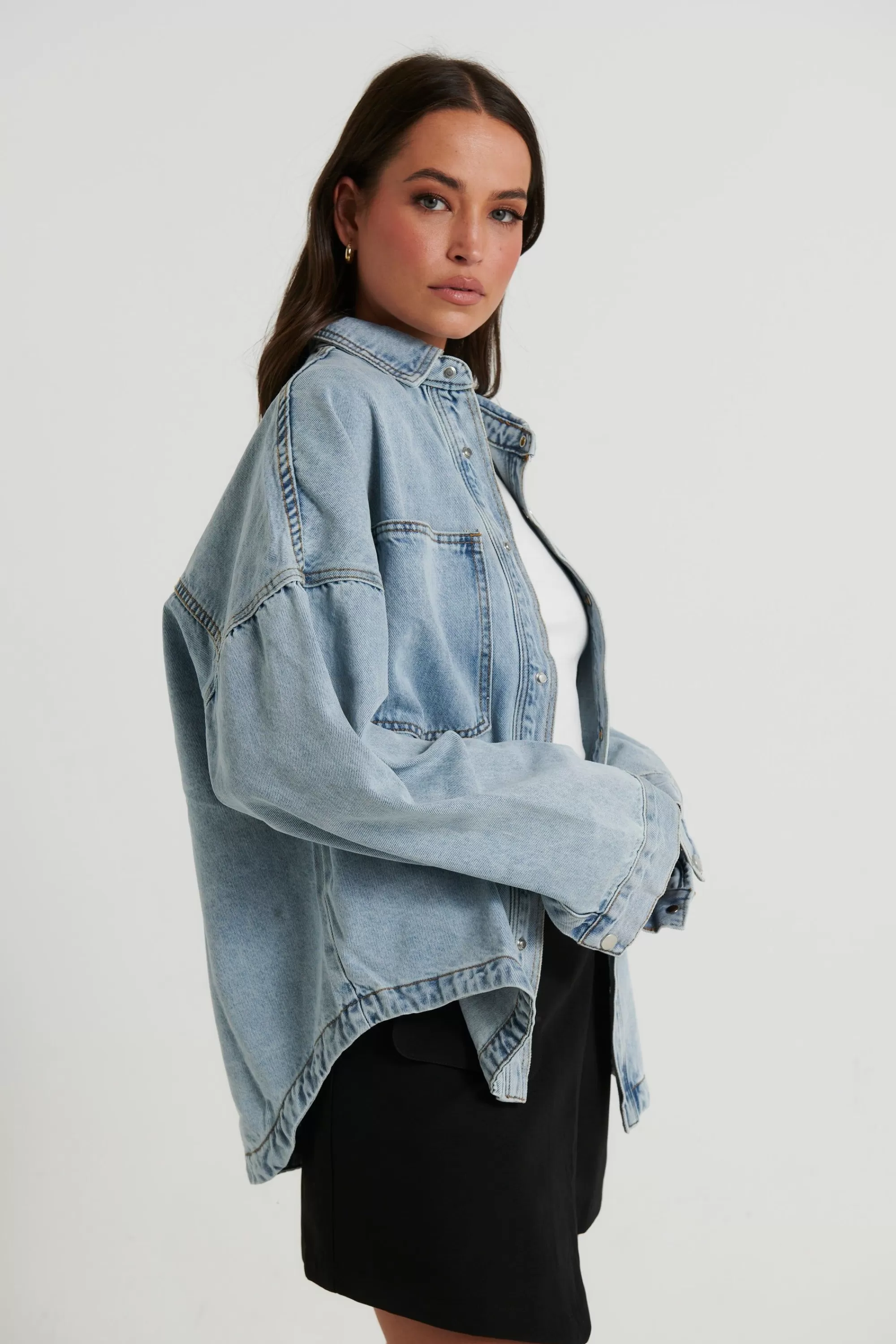 Shirts>Sampson and Taylor Unisex Drop Shoulder Denim Shirt Blue