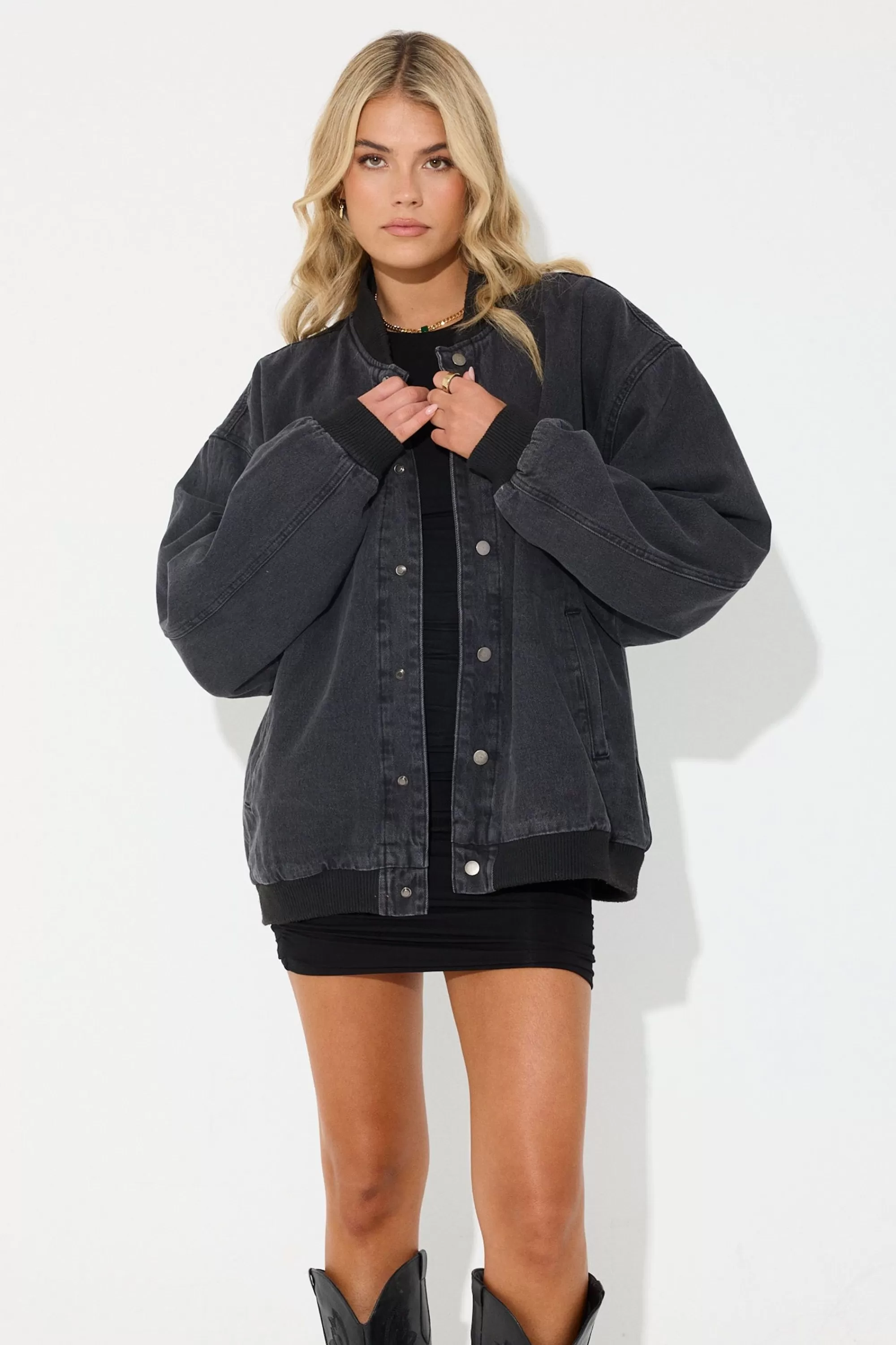 Jackets & Blazers>Sampson and Taylor Unisex Vintage Bomber Denim Jacket Black