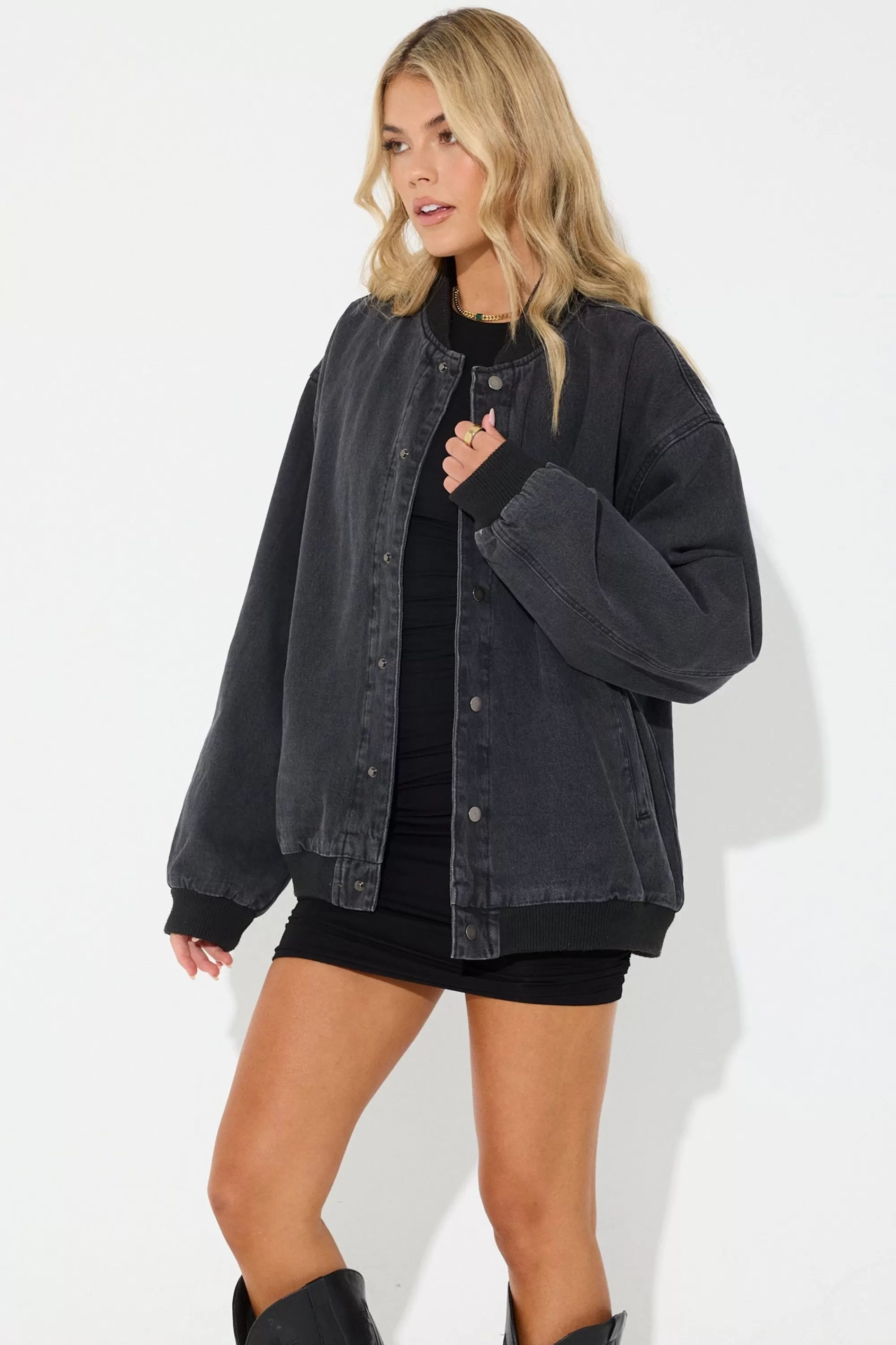 Jackets & Blazers>Sampson and Taylor Unisex Vintage Bomber Denim Jacket Black
