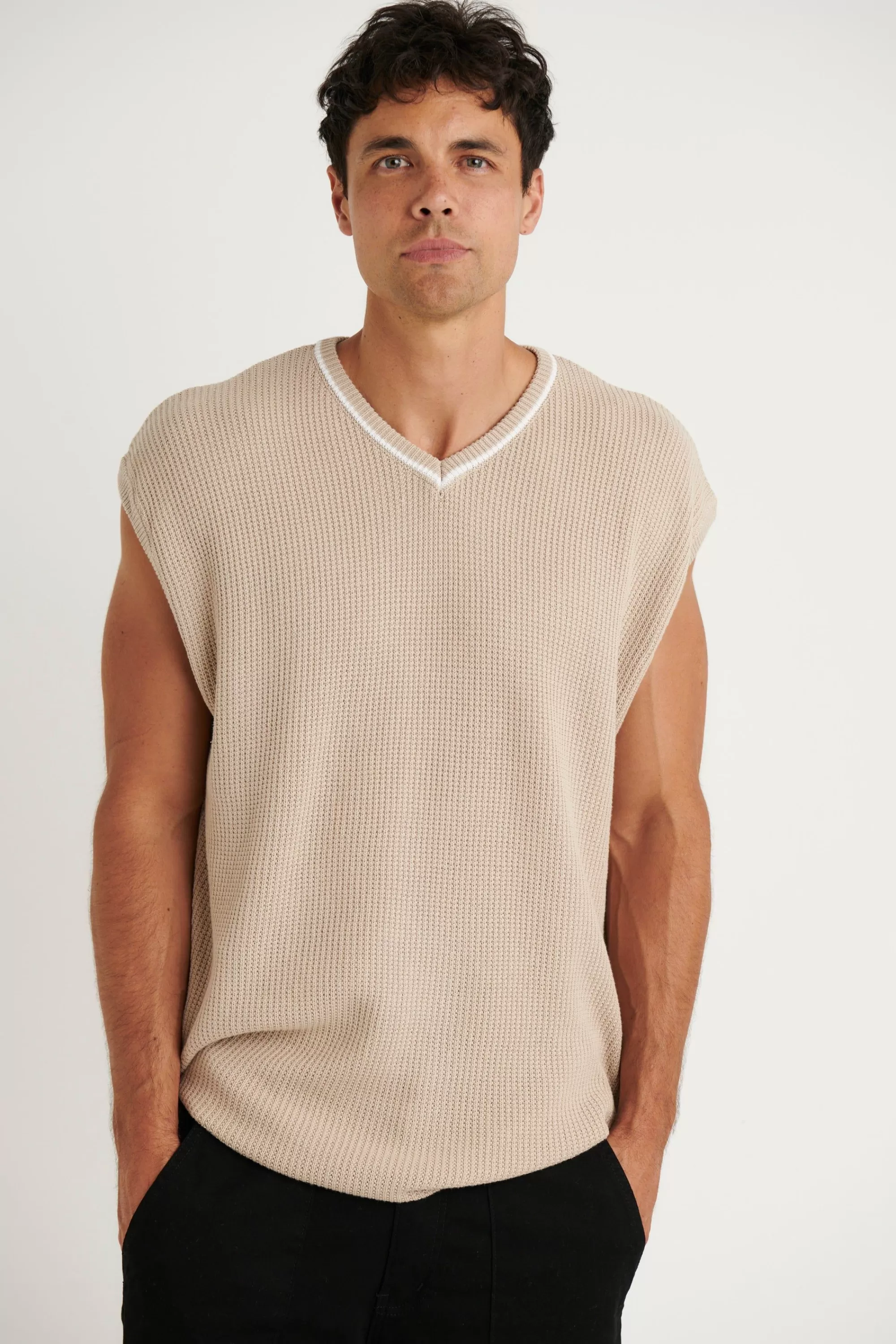 Tanks>NTH V Neck Knitted Vest Oat - Final Sale