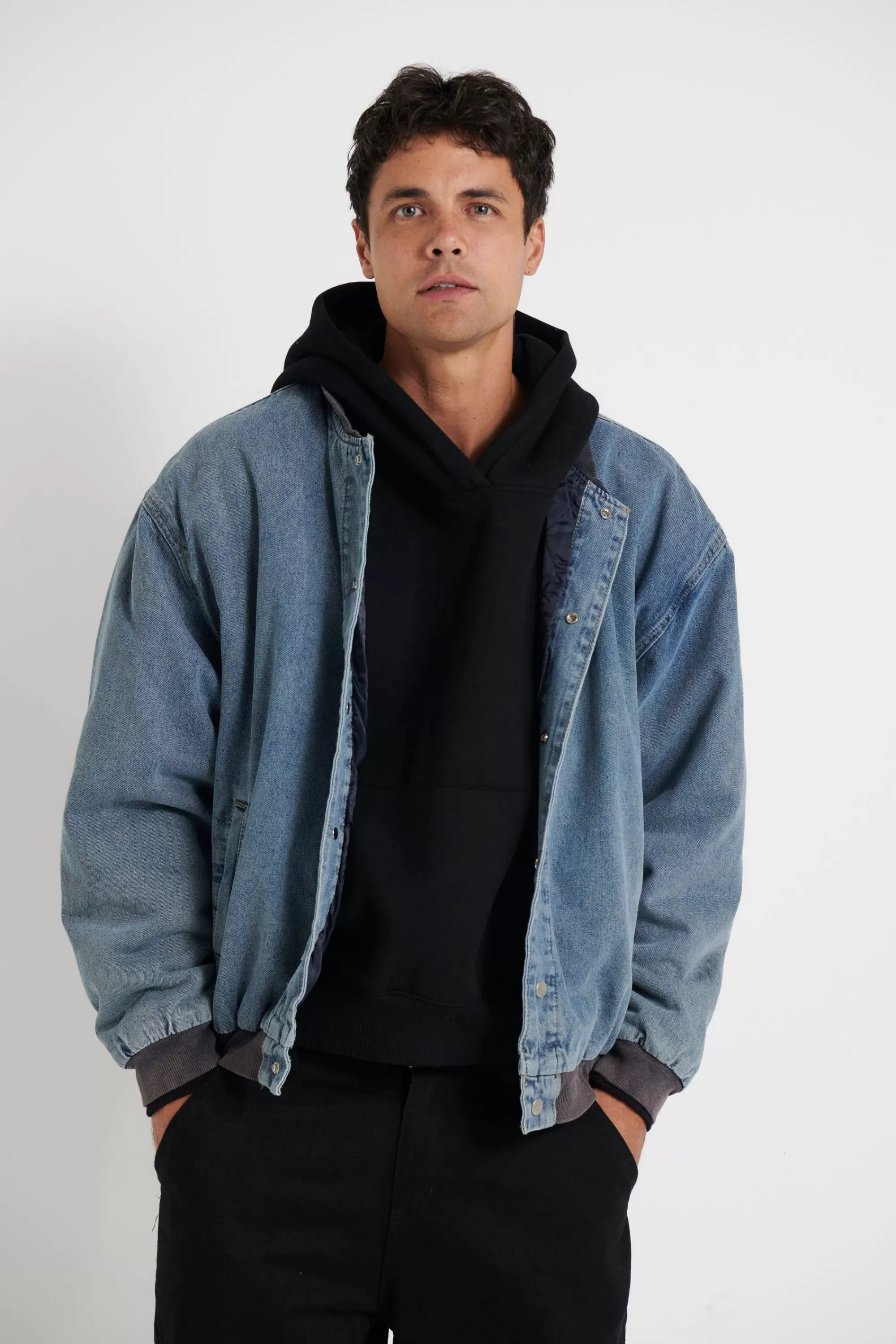 Jackets>Sampson and Taylor Vintage Bomber Denim Jacket Blue
