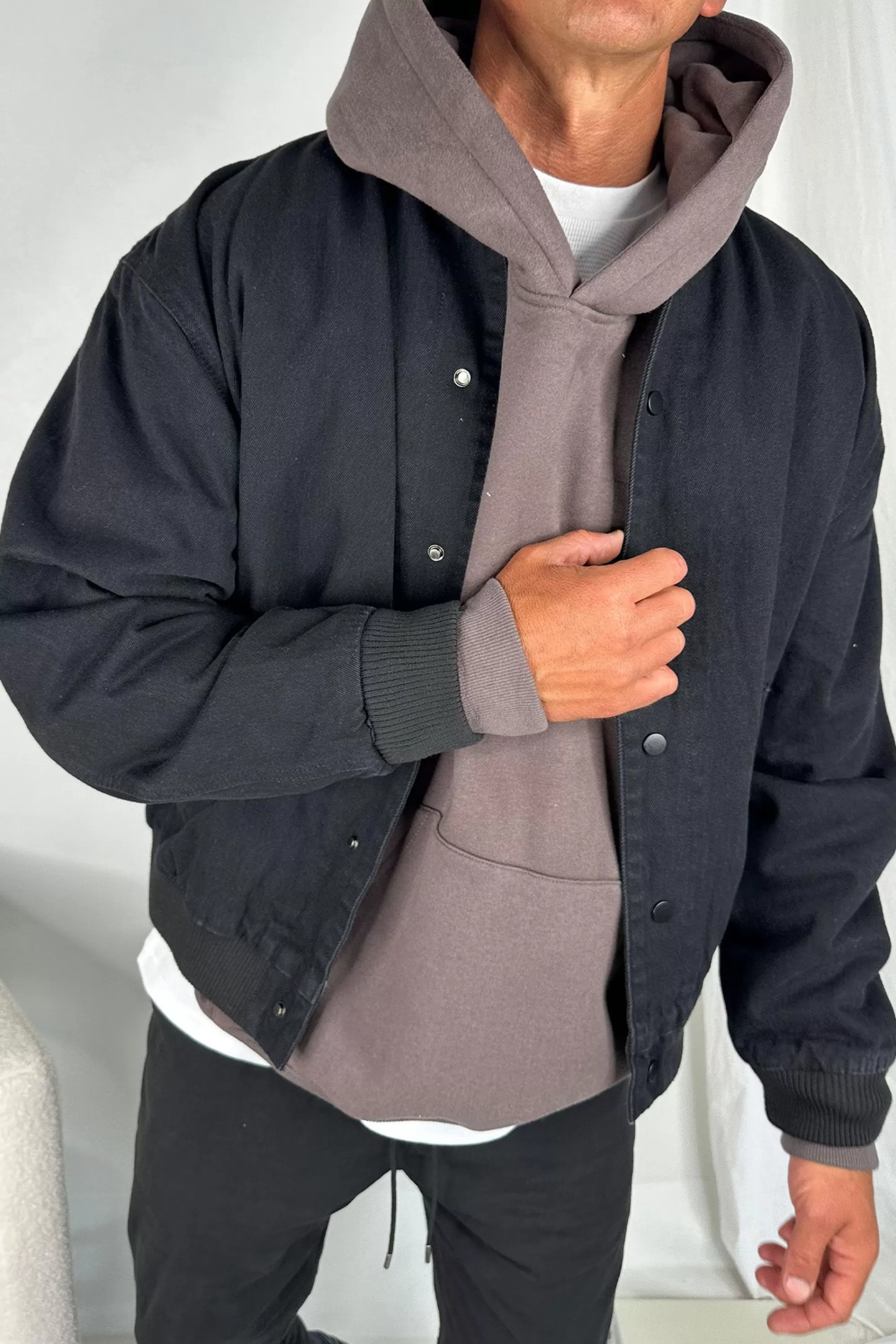 Jackets>NTH Vintage Bomber Denim Jacket Solid Black